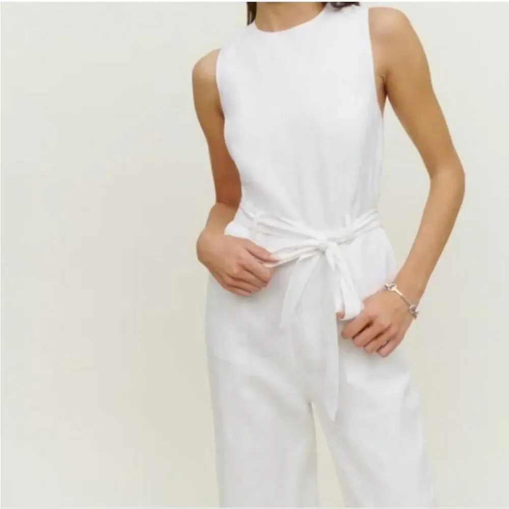 Reformation Naomi White 100% Linen Wide Leg Belted Jumpsuit Size 2